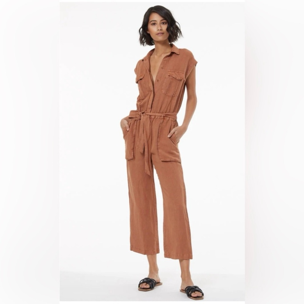 🆕 YFB Cuba Linen Utility Jumpsuit Wide Leg Cropped Ankle Sleeveless Rust Medium